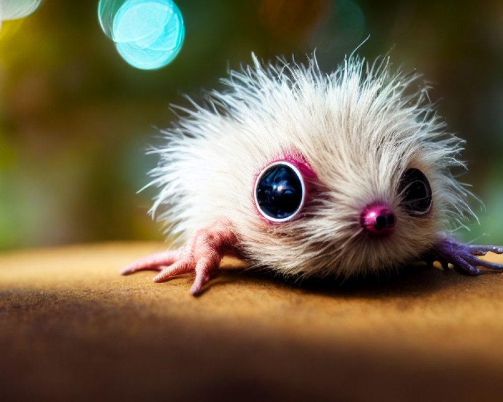 Fluffy White Creature with Shiny Eyes and Purple Paws Resting on Surface