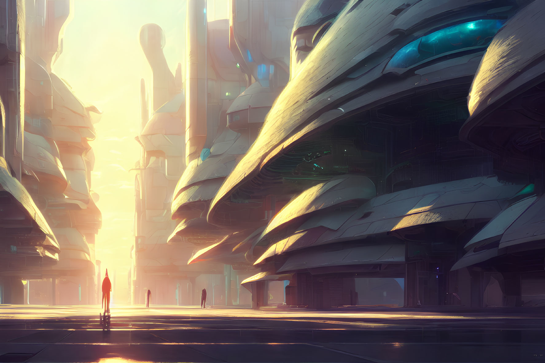 Futuristic Cityscape with Curved Buildings and Lone Figure