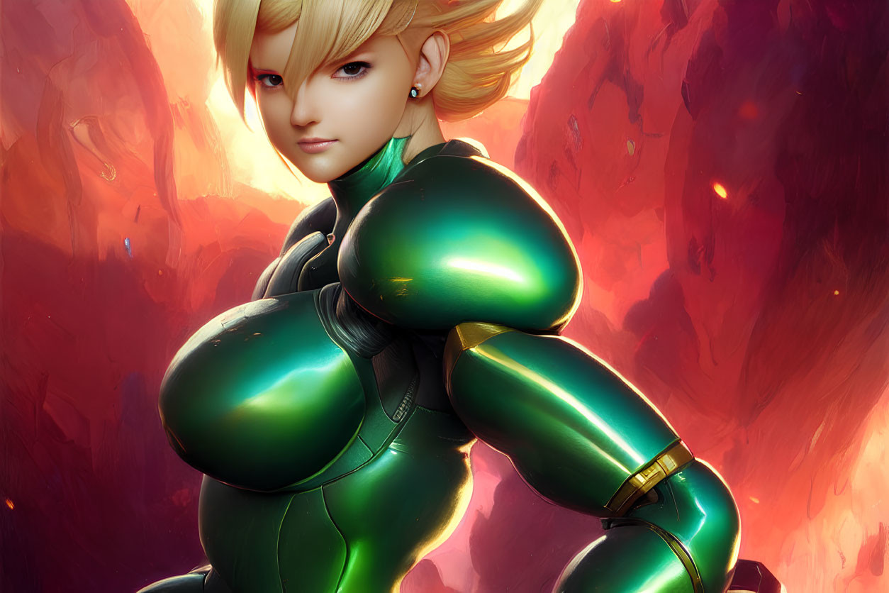 Blonde character in green armor suit on red-orange background