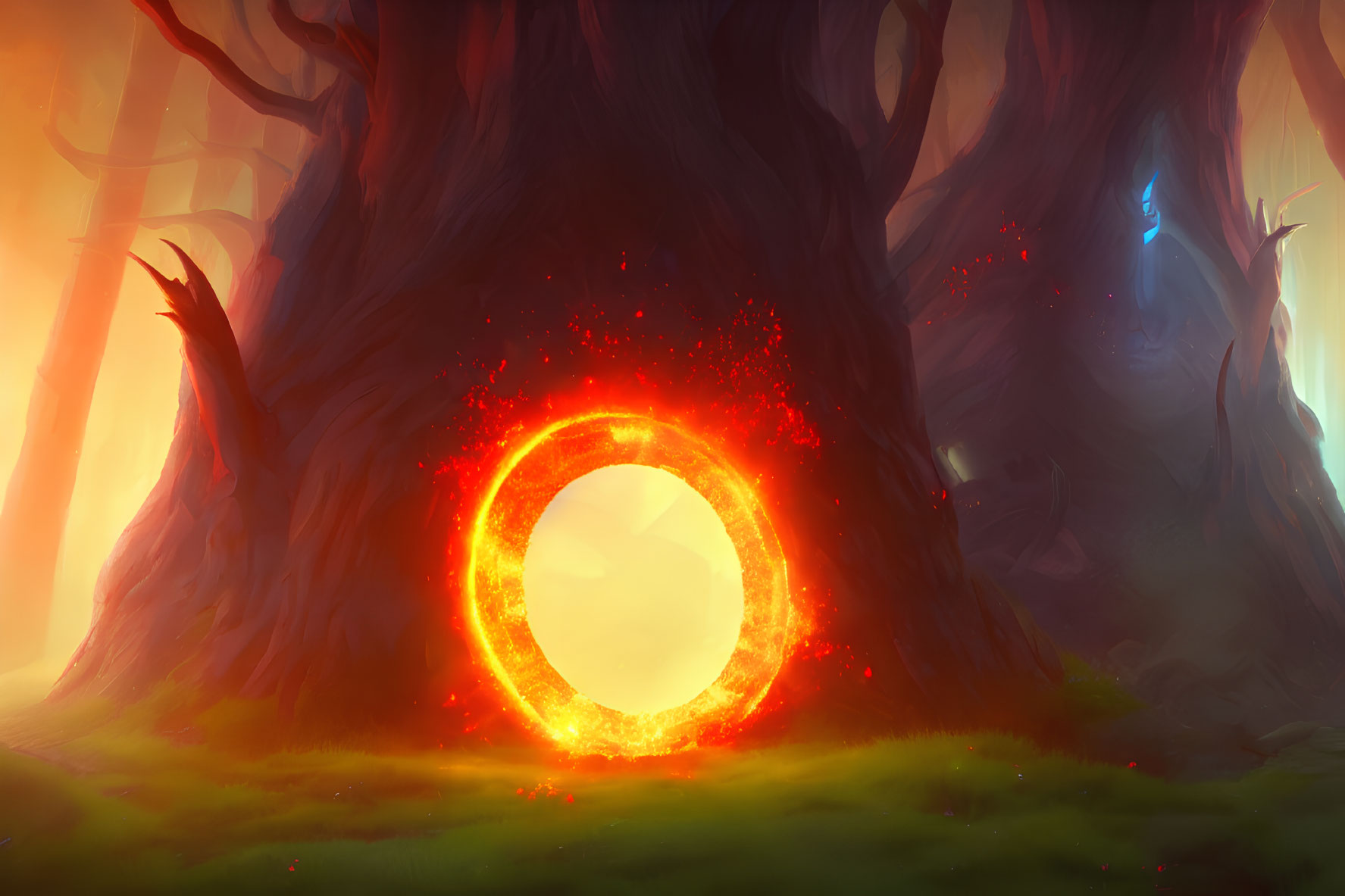 Mystical forest scene with glowing fiery portal and giant trees