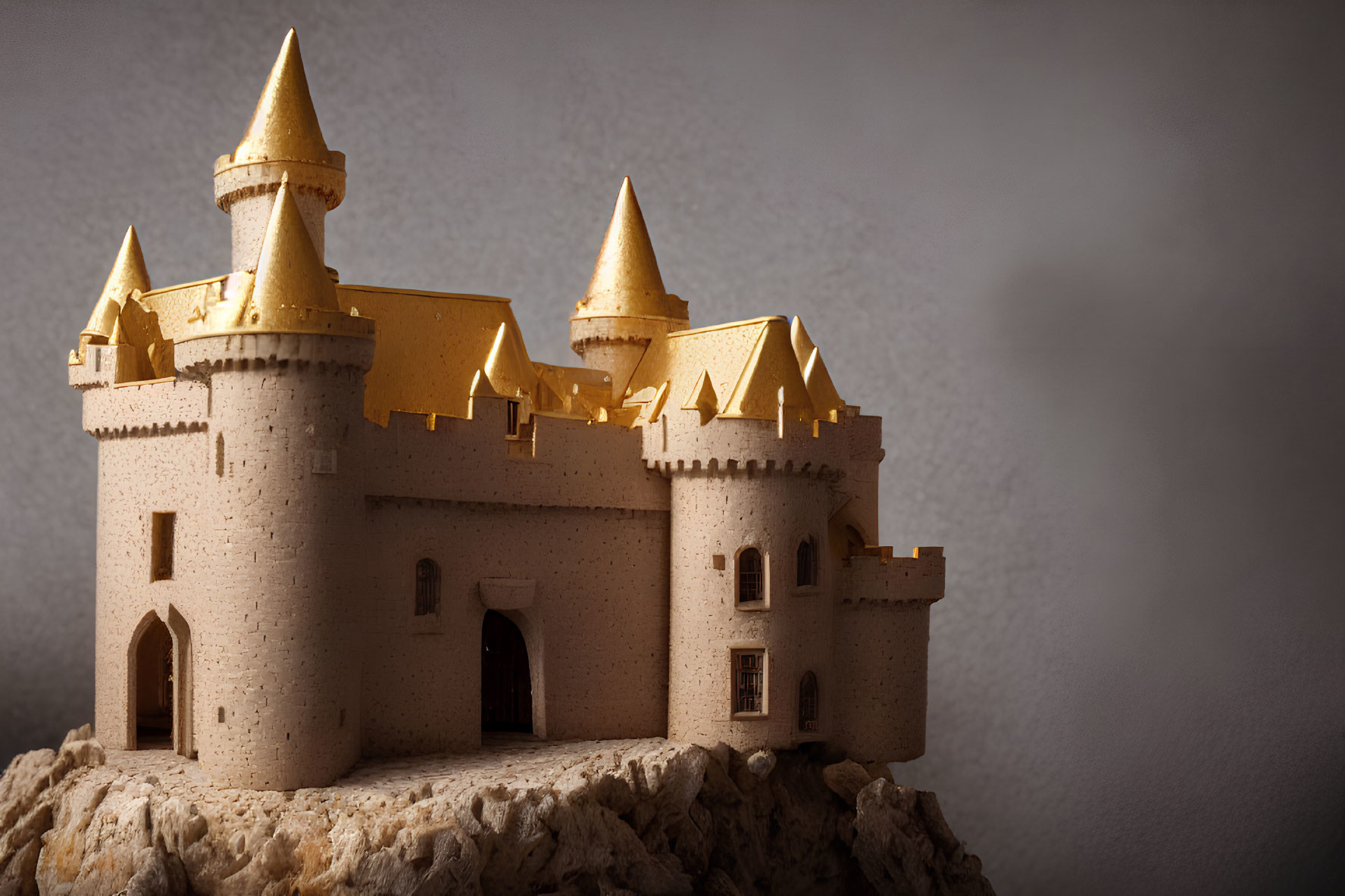 Miniature Castle Model with Golden Roofs and Intricate Details on Neutral Background