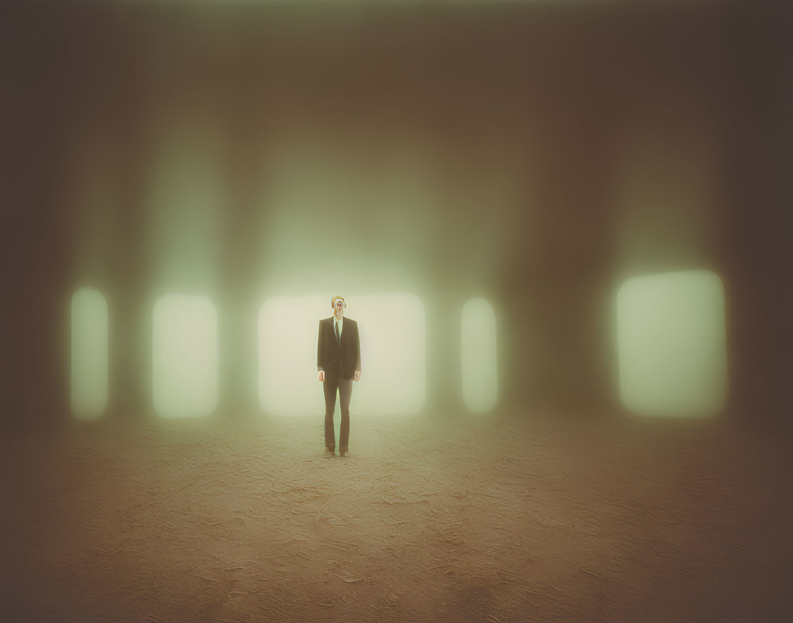 Solitary man in suit in dim room with large glowing windows