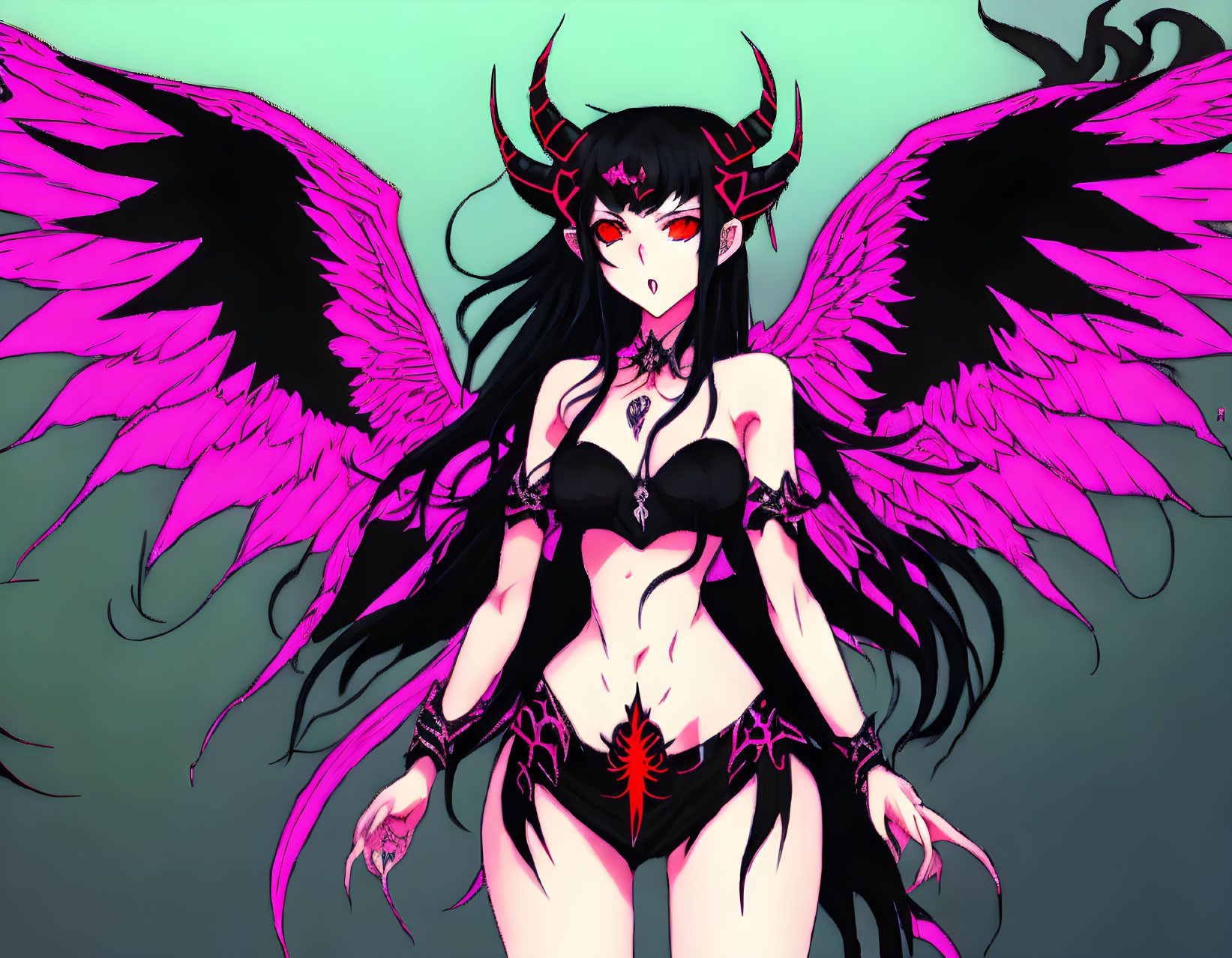 Female demon illustration with black hair, horns, wings, and crimson accent on teal background