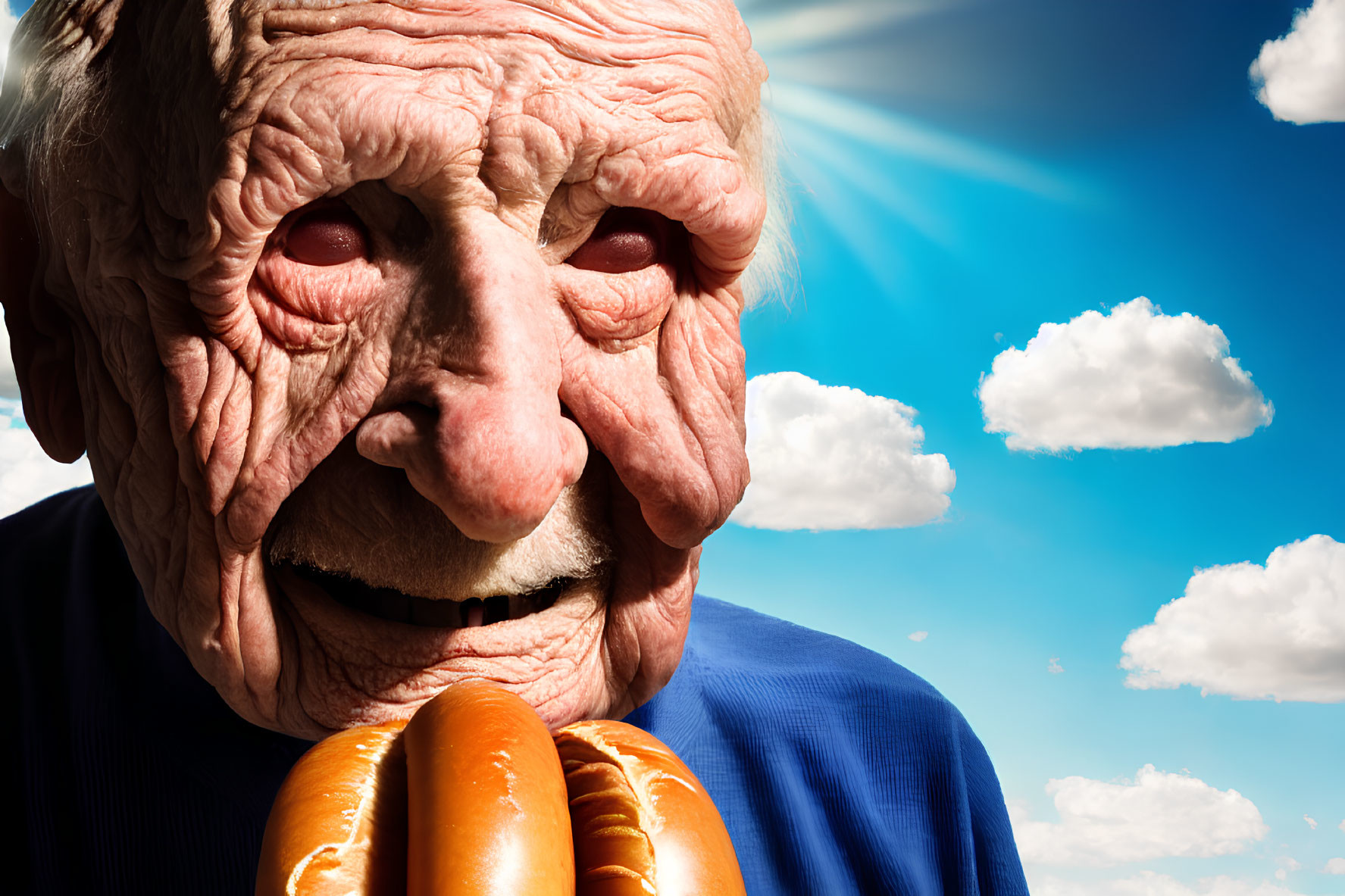 Elderly person smiling with hot dog under blue sky