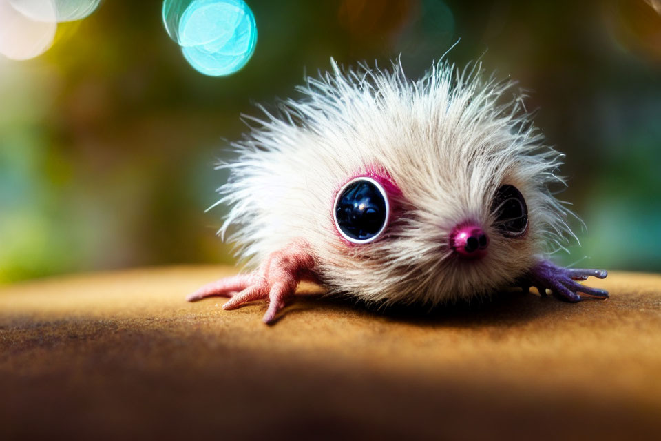 Fluffy White Creature with Shiny Eyes and Purple Paws Resting on Surface