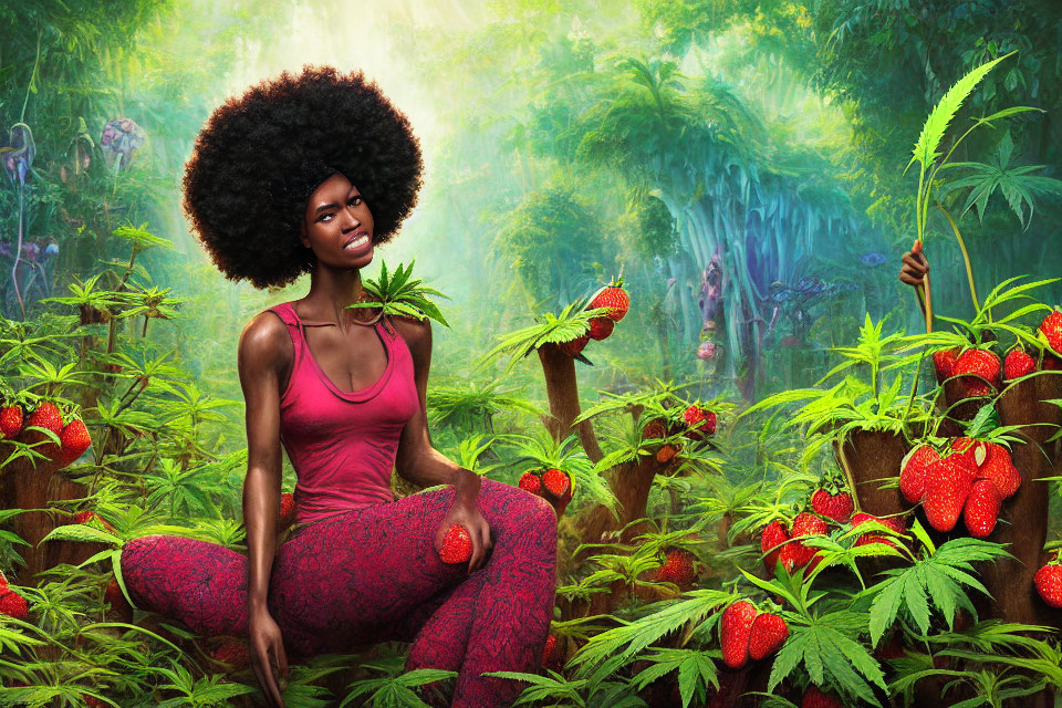 Woman with Large Afro in Fantasy Forest with Strawberries and Cannabis Plants