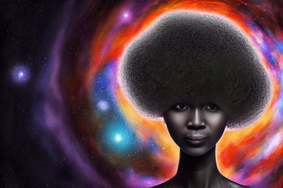 Cosmic background blends with woman's afro, creating galaxy illusion