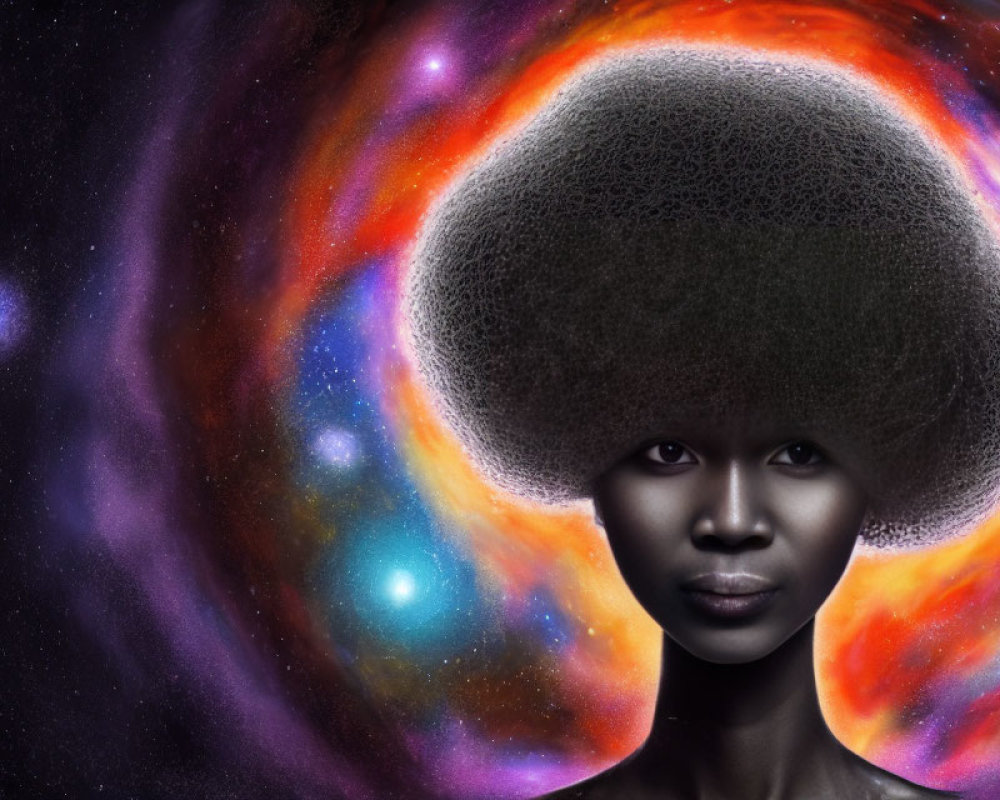 Cosmic background blends with woman's afro, creating galaxy illusion