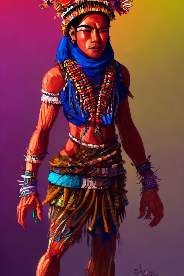 Person in Traditional Attire with Elaborate Headgear and Bead Necklaces on Gradient Background