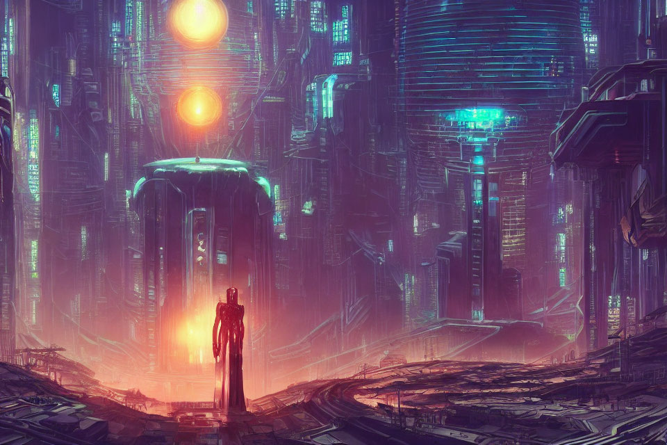 Futuristic cityscape with neon lights and three suns, lone figure in silhouette