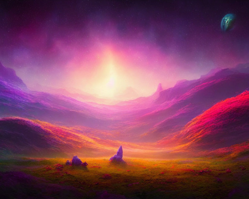 Ethereal landscape with purple and pink hues, radiant sky, mountains, and distant planet