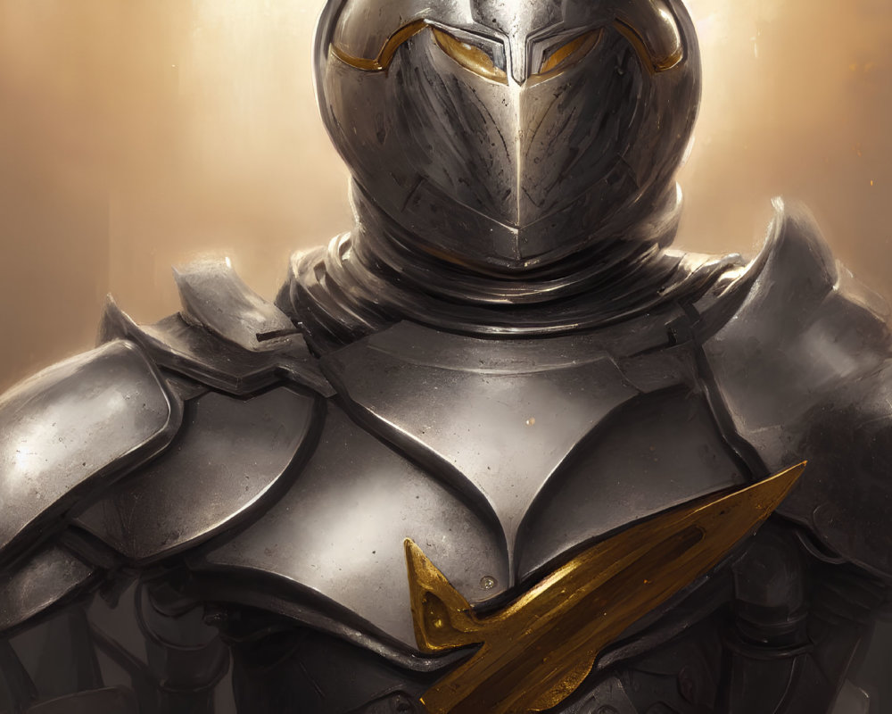 Detailed Knight in Steel Armor with Golden Sword Against Warm Hazy Backdrop