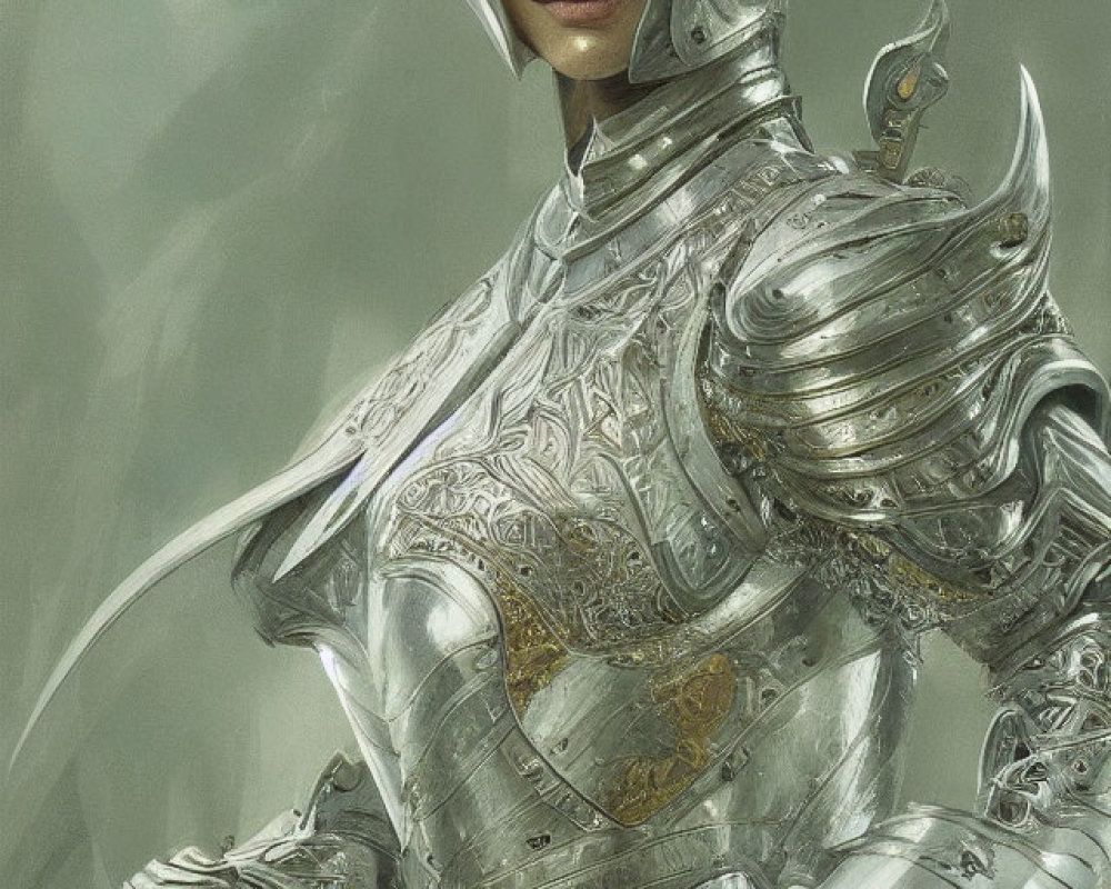 Ornate Silver Armor with Gold Accents and Helmet on Woman