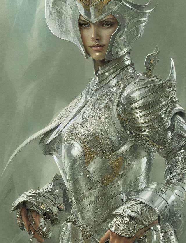 Ornate Silver Armor with Gold Accents and Helmet on Woman