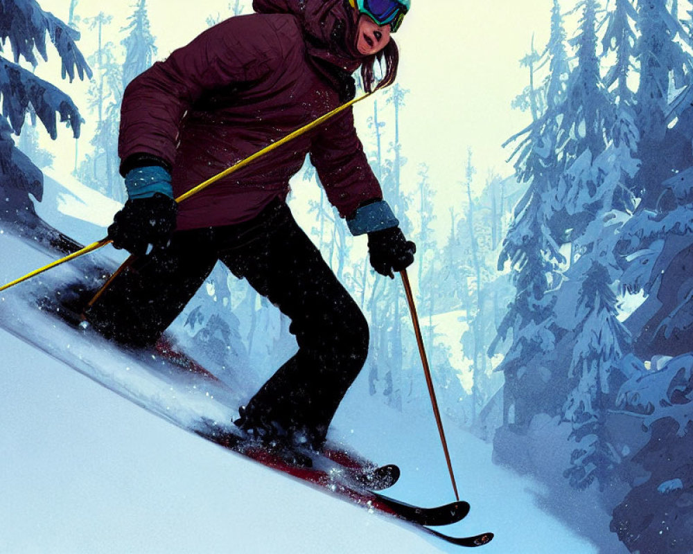 Skier in purple jacket skiing snowy slope with trees in background