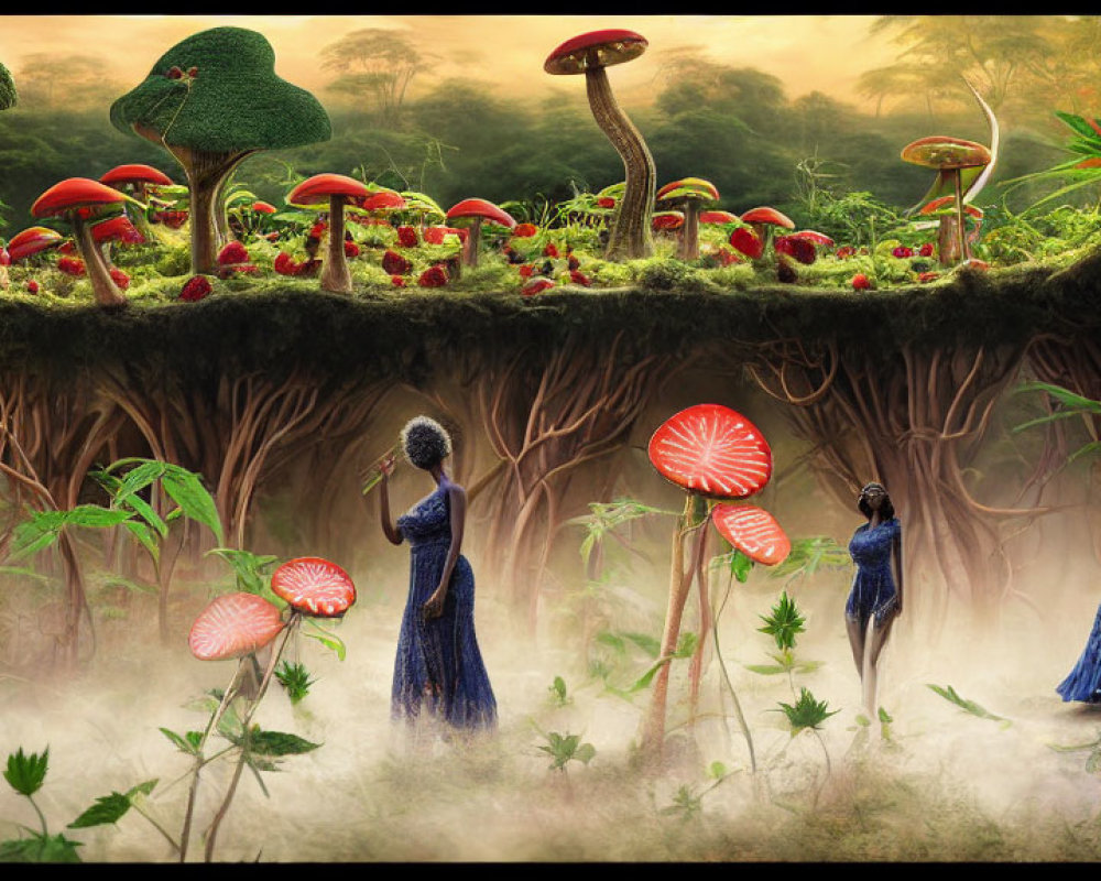 Fantastical forest scene with oversized mushrooms and figures in blue robes