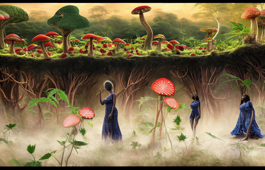 Fantastical forest scene with oversized mushrooms and figures in blue robes