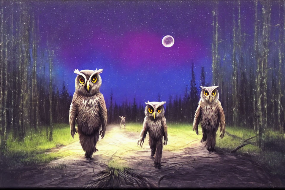 Bright Yellow-Eyed Owls Walking on Forest Path Under Purple Moon