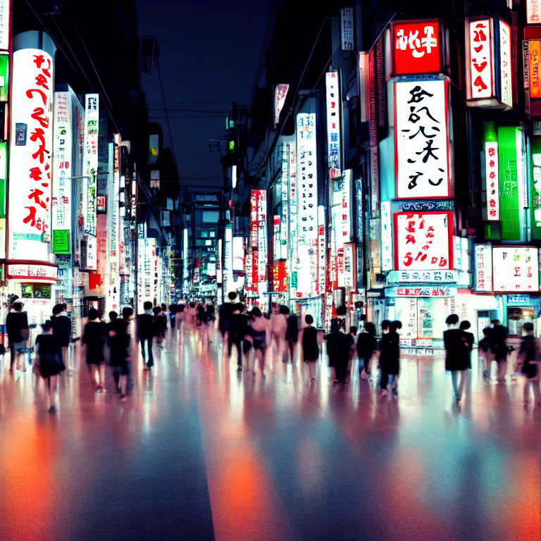 Vibrant neon-lit city street scene at night with blurred figures walking