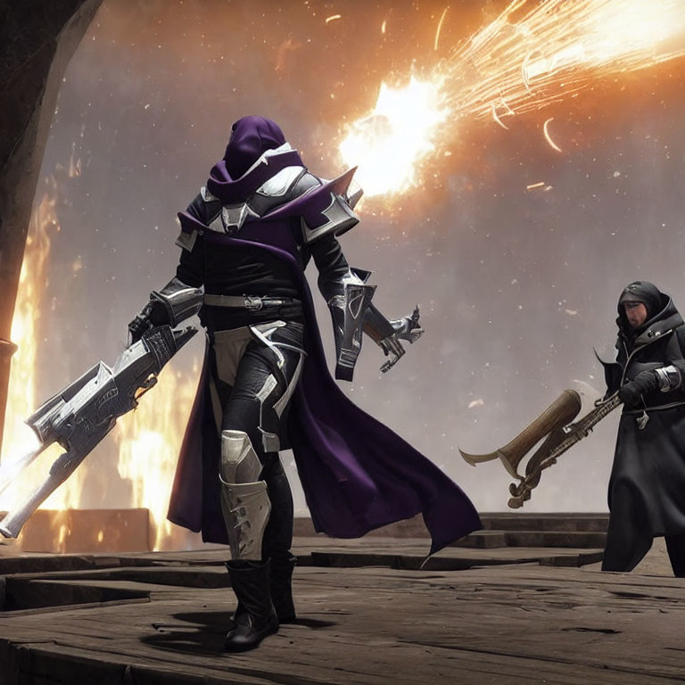 Mysterious cloaked figures with futuristic gun in sunburst backdrop