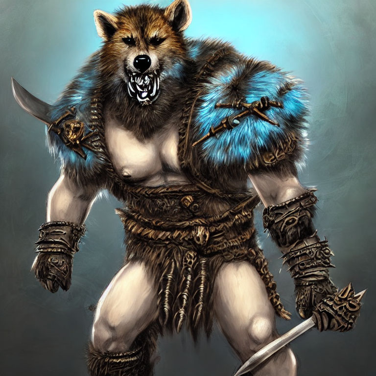 Anthropomorphic wolf warrior with fur armor dual-wielding a knife and spiked mace on steel gray