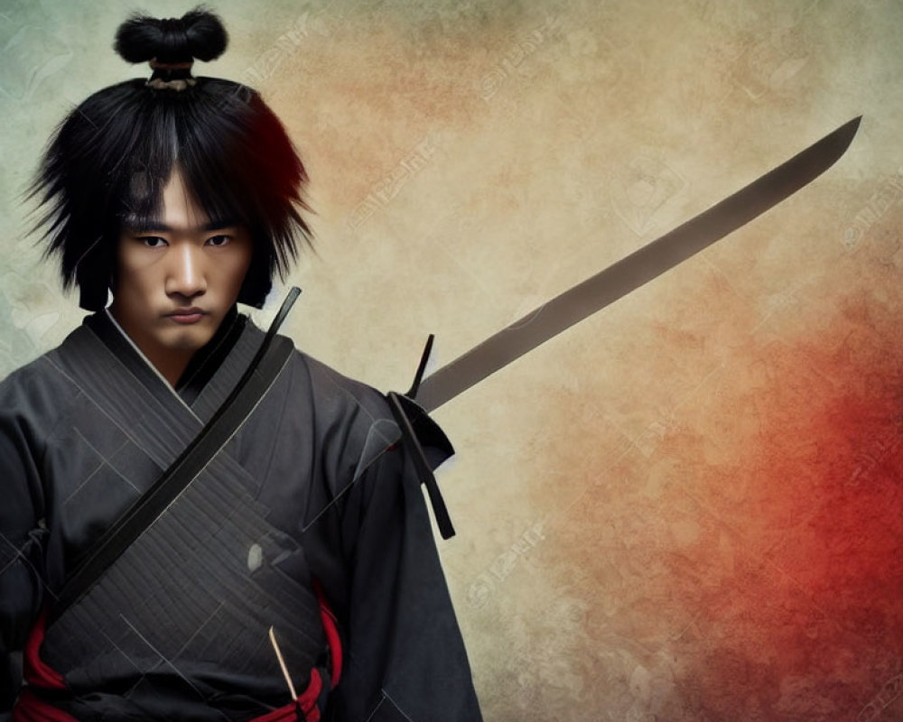 Young samurai with topknot hairstyle wields katana on reddish backdrop