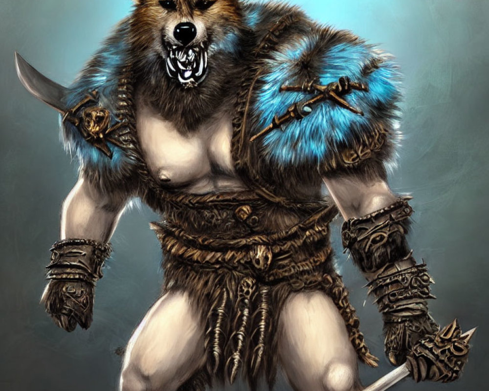 Anthropomorphic wolf warrior with fur armor dual-wielding a knife and spiked mace on steel gray