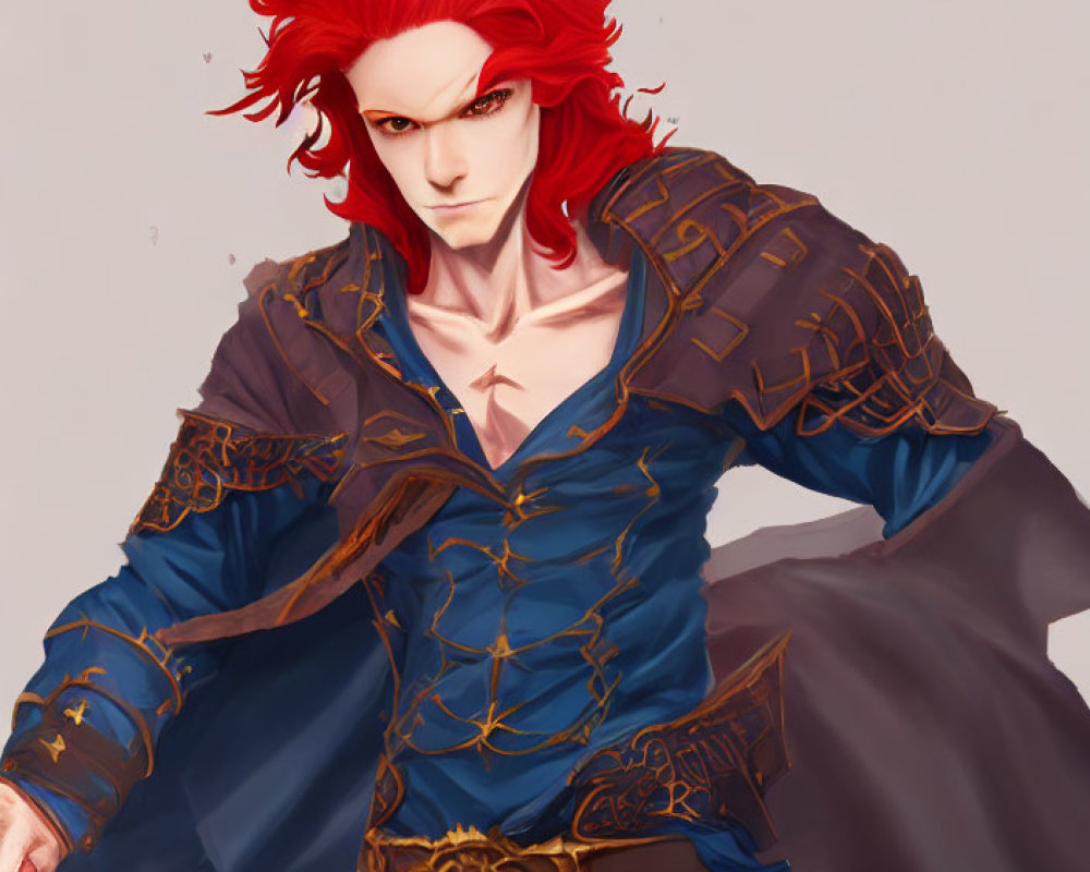 Vibrant red-haired character in blue and gold armor on light background