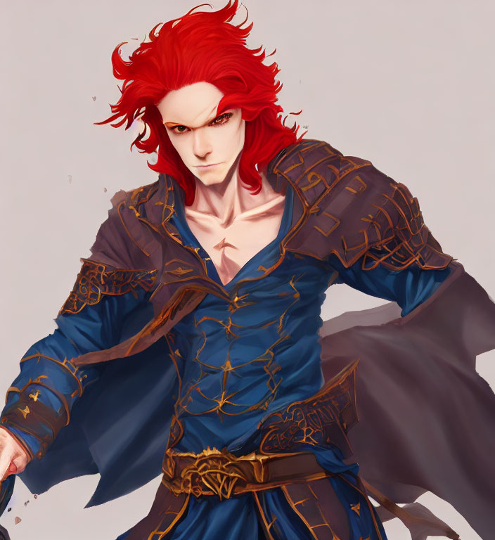 Vibrant red-haired character in blue and gold armor on light background