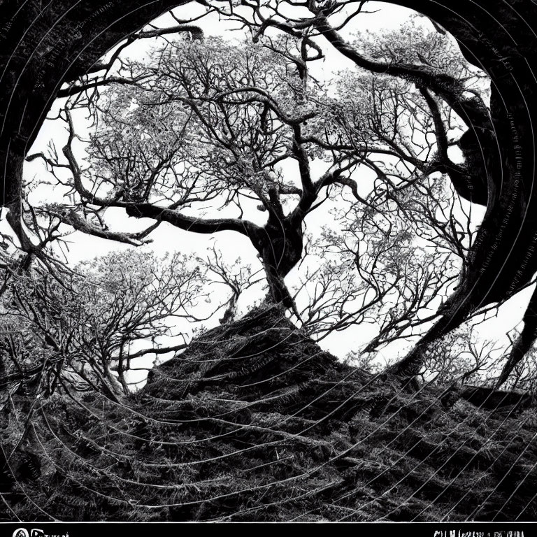 Abstract monochrome photo: bare trees seen through spider web-like circles