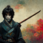 Young samurai with topknot hairstyle wields katana on reddish backdrop