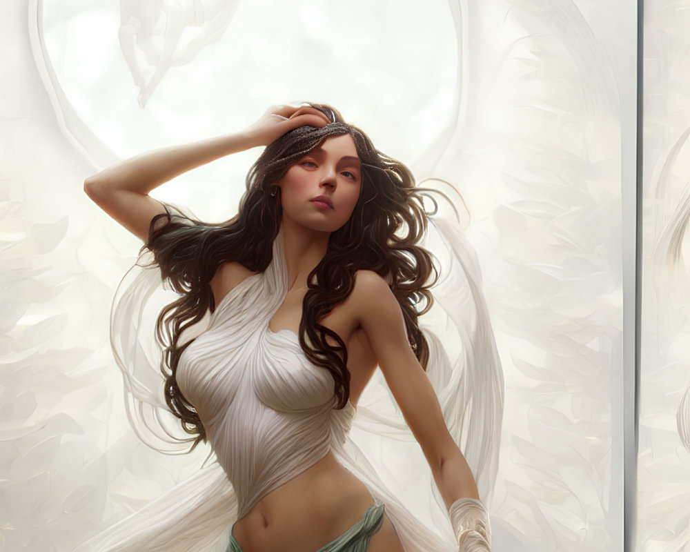 Woman in flowing white garments against backdrop of ethereal figures