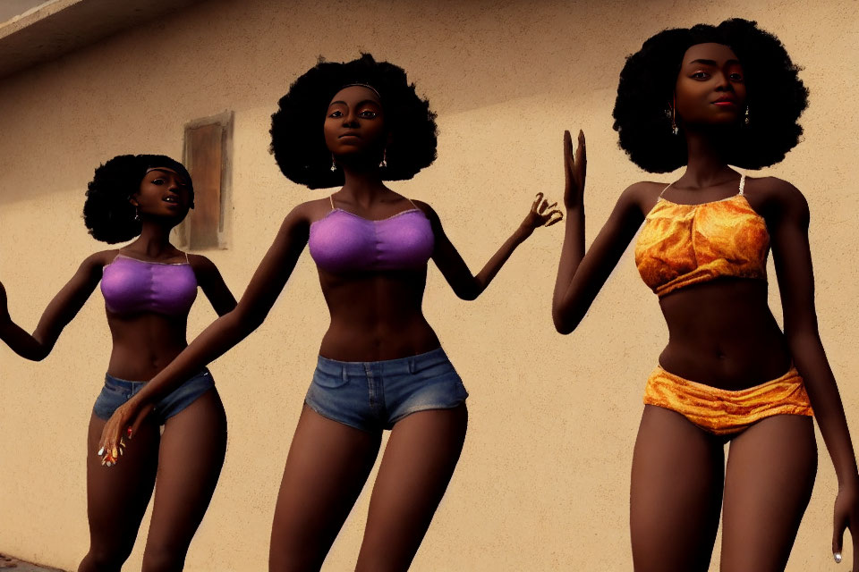 Three animated dark-skinned female characters in casual attire posing against a wall.