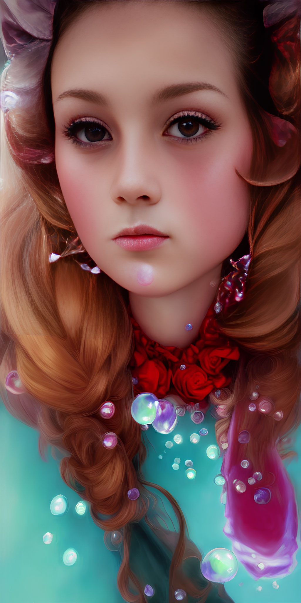 Expressive Eyes Girl Artwork with Rose Choker & Bubbles