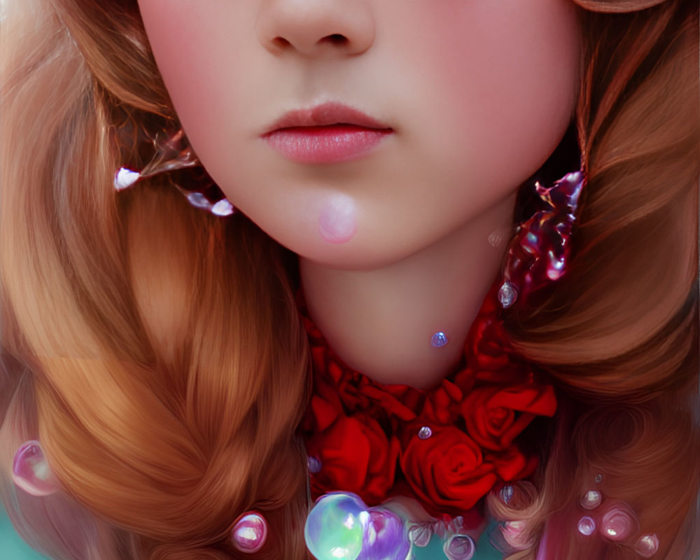 Expressive Eyes Girl Artwork with Rose Choker & Bubbles