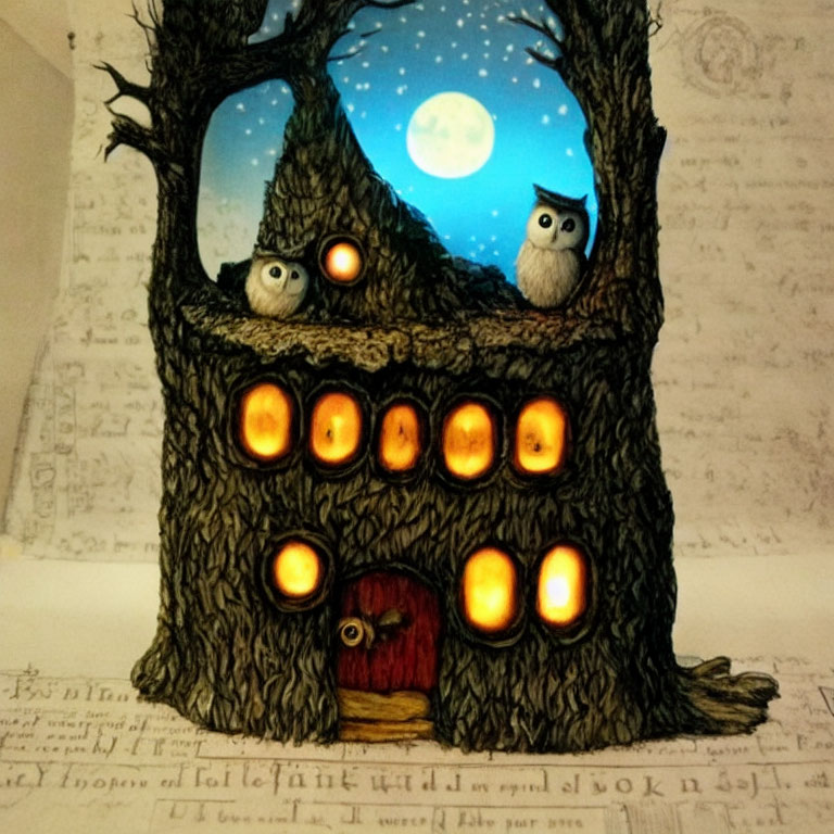 Whimsical tree with illuminated door and windows, owls under full moon