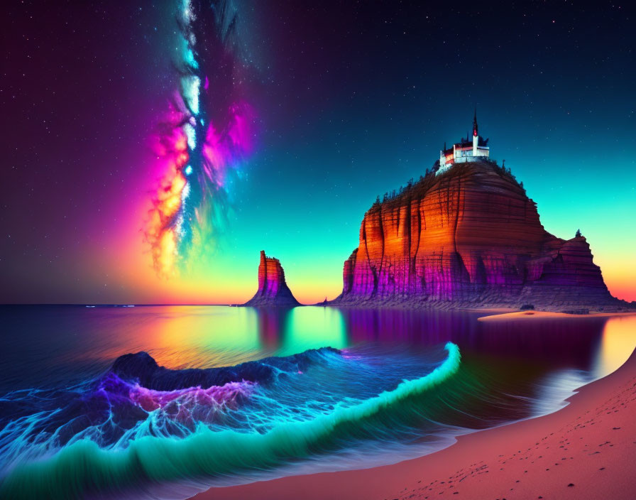 Twilight seascape with cliff castle under starry sky & aurora