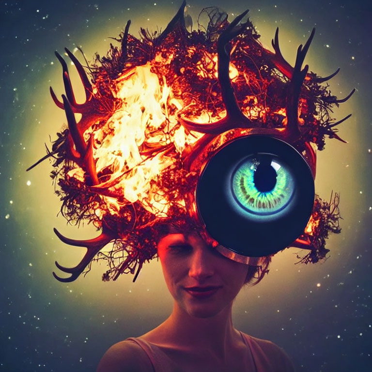 Surreal headpiece with flaming branches and central eye on starry background