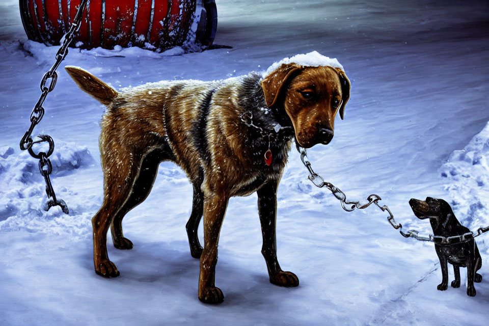 Large Dog on Chain Leash Facing Small Dog Sculpture in Snow