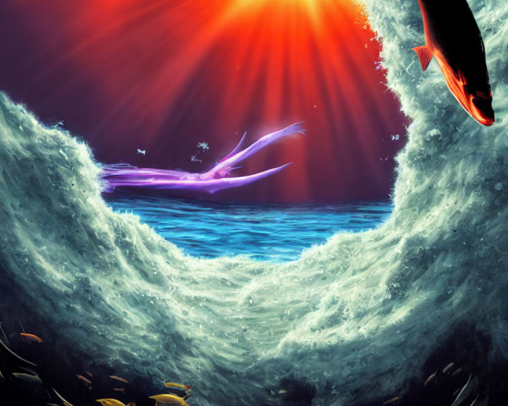 Sunburst illuminates whale silhouette in vibrant underwater scene