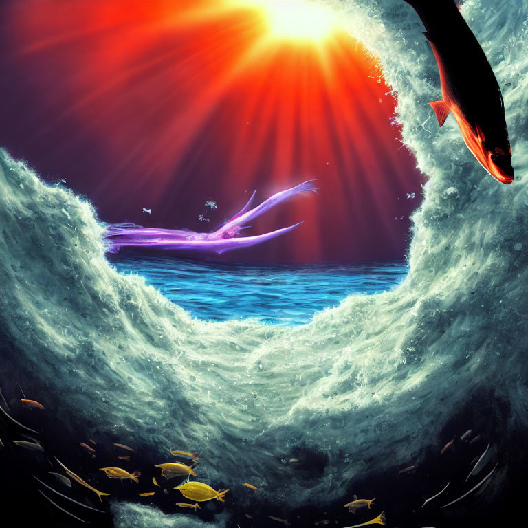 Sunburst illuminates whale silhouette in vibrant underwater scene