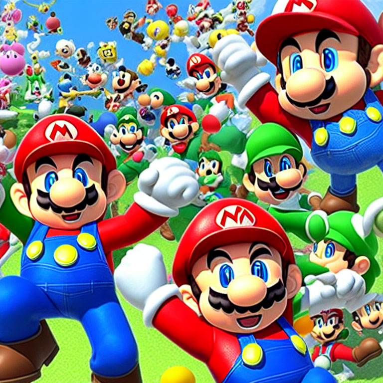 Vibrant Mario Character Collage Featuring Marios, Luigis, Yoshis, and Princess