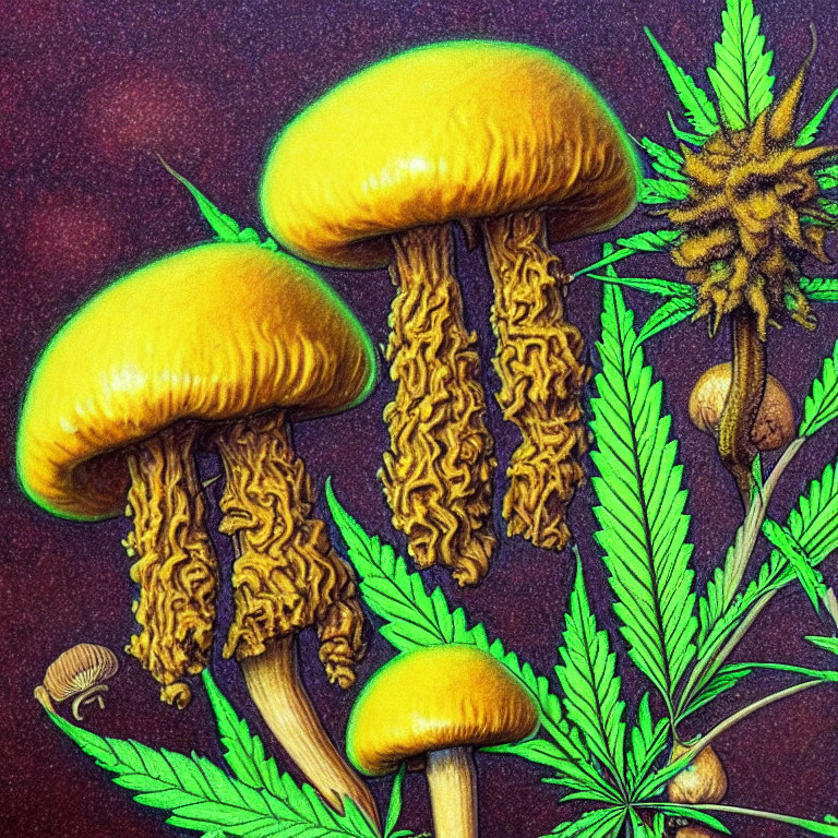 Stylized mushrooms with intricate gills and yellow caps on maroon background