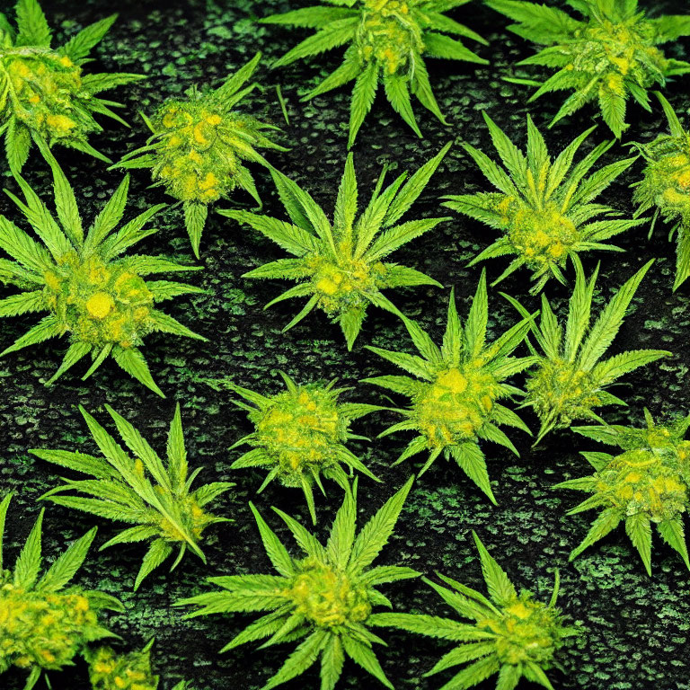 Green cannabis plants with yellow buds on dark background