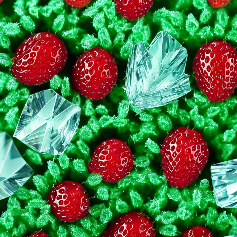 Vibrant red strawberries and clear gemstones on green textured surface