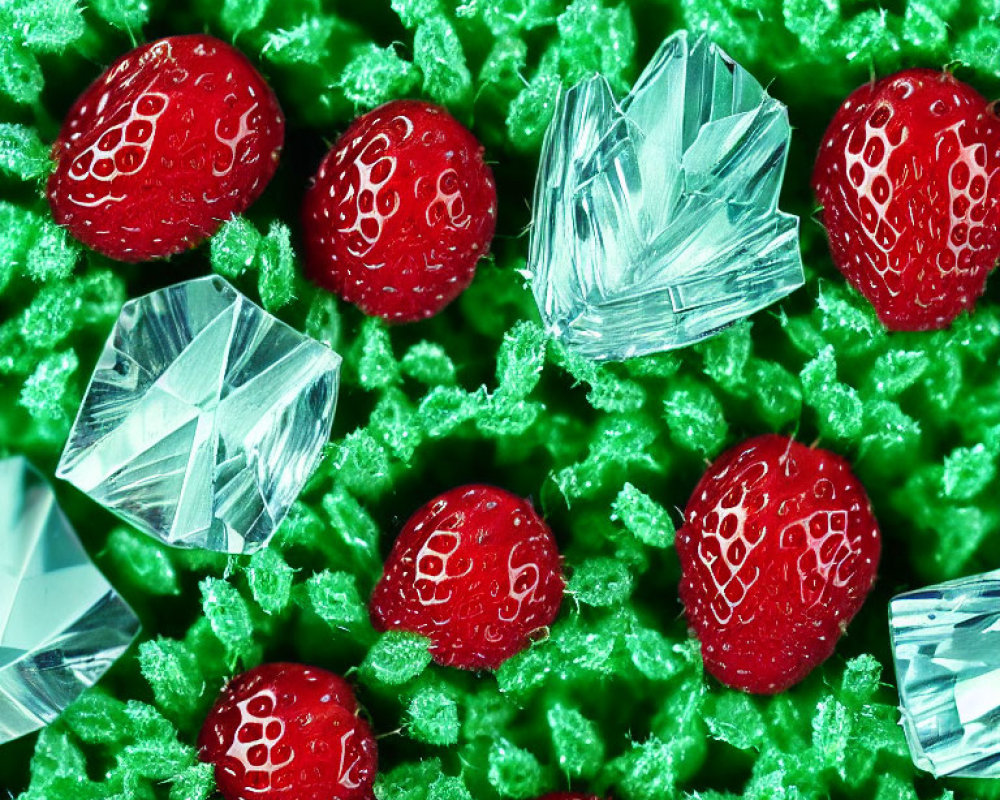 Vibrant red strawberries and clear gemstones on green textured surface