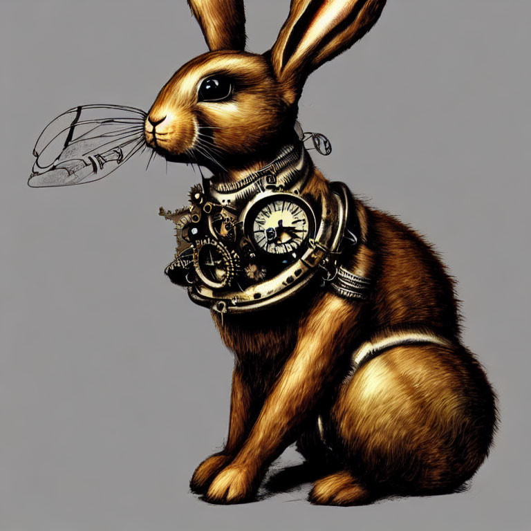 Steampunk-style rabbit with metallic gear and clockwork details illustration