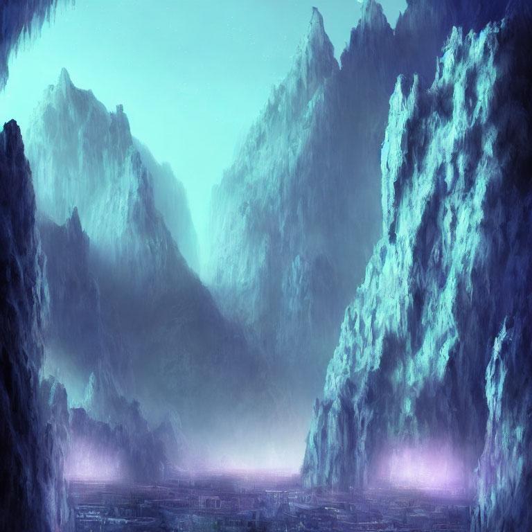 Mystical landscape featuring towering blue mountains and misty valley