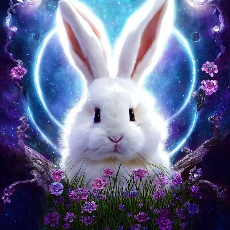 White Rabbit Surrounded by Purple Flowers and Celestial Ring