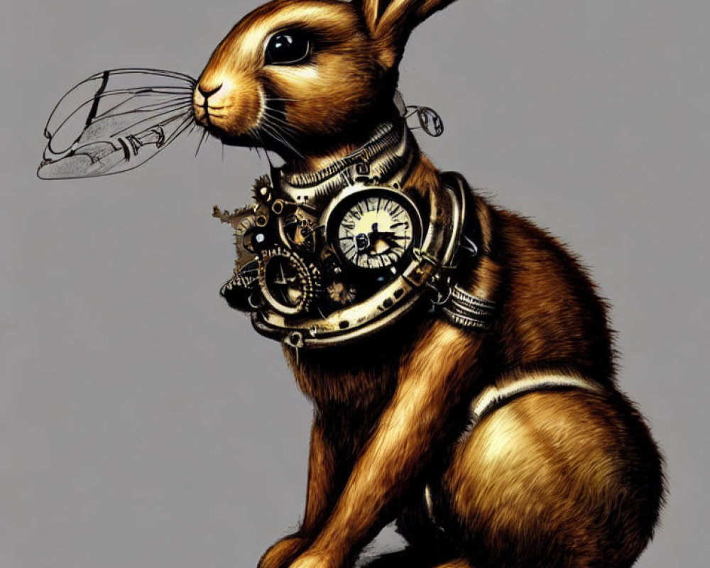Steampunk-style rabbit with metallic gear and clockwork details illustration